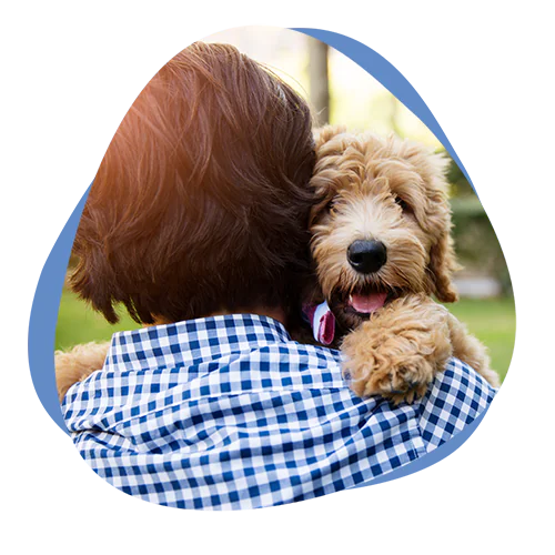 Cremare Mitarbeiter Mann mit Hund auf dem Arm von hinten
